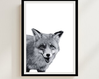 面白いキツネの顔写真：モノクロの動物プリントアート - Etsy 日本
