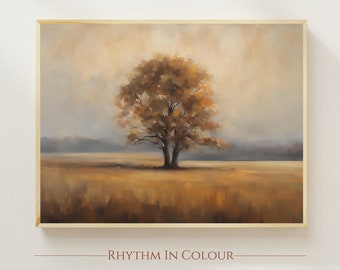 Könnte beinhalten: Ein Gemälde, das einen einzelnen Baum auf einem Feld zeigt, in gedämpften Farbtönen von Braun, Gelb und Grau gemalt. Der Baum steht in der Mitte des Gemäldes und ist von einem Feld mit hohem Gras umgeben. Der Himmel ist ein sanftes Grau mit Anklängen von Gelb und Orange. Das Gemälde ist in einem hellen Holzrahmen gerahmt.