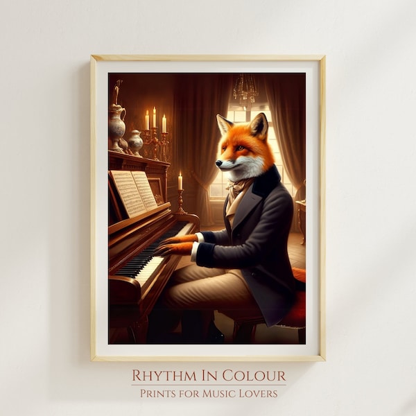 Mr Fox Painting Fox in Dapper Suit Poster Altered Vintage Fox Portrait Wall Art Piano Print Gift for Musician Antique Fox Portrait