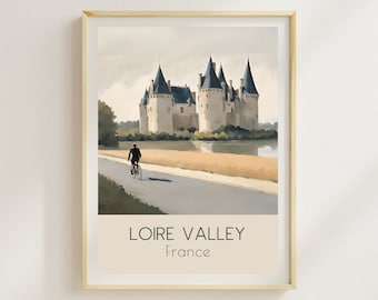 Loire Valley Cycling Print: French Chateau Art, Beige Wall Decor