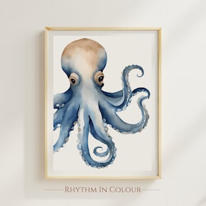 Octopus Minimalist Poster Blue Coastal Wall Decor Sea Life Marine Wall Decor Nautical Artwork Vertical Art Fish Prints Blue Octopus Gift