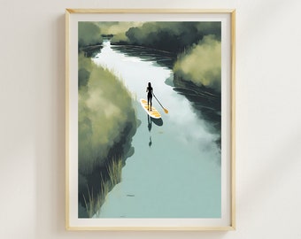 Könnte beinhalten: Ein gerahmter Kunstdruck zeigt eine Person beim Stand-Up-Paddling auf einem ruhigen Fluss. Das Kunstwerk zeigt ein gelb-weißes Paddleboard, ein Paddel und die Silhouette einer Person. Der Fluss ist von grünem Laub umgeben. Der Text "RHYTHM IN COLOUR" steht unten.