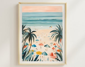 May include: A watercolor painting of a beach scene with palm trees, colorful umbrellas, and people enjoying the sun. The sky is a soft pink and the ocean is a light blue. The painting is framed in a light wood frame.