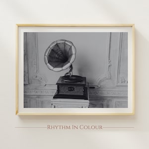 Black and White Music Photography Print Gramophone Black and White Wall Art Gift for Musician Monochrome Music Poster Vintage Vinyl Music