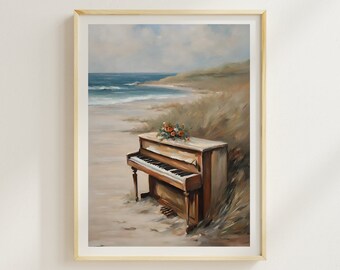 May include: A vintage piano sits on a sandy beach with a bouquet of orange flowers on top. The ocean is in the background with a cloudy sky.