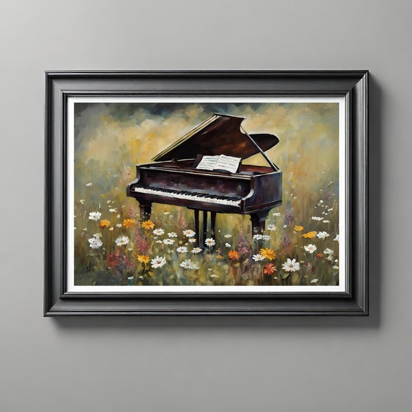 Piano Oil Painting Print Boho Piano Poster Wild flower Music Print Gift for Pianist Present for Musician Mid Century Oil Painting Flower Art