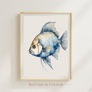 Blue Discus Fish Minimalist Posters Coastal Wall Decor Sea Life Marine Wall Decor Nautical Artwork Vertical Art Fish Print Blue Ocean