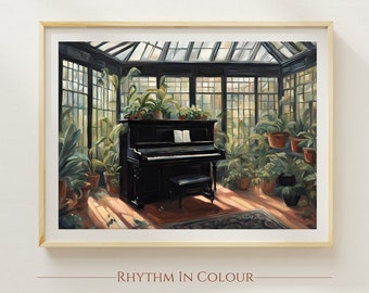 May include: A black grand piano sits in a sunlit greenhouse filled with lush green plants. The piano has a sheet of music on the stand and is surrounded by potted plants in terracotta pots.