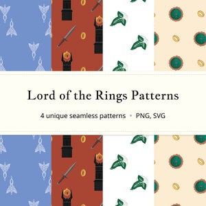 Op de afbeelding: Vier naadloze patronen met iconische beelden uit The Lord of the Rings. Ontwerpen omvatten het Oog van Sauron, de Ene Ring, de Deuren van Durin en Elfenbroches. De patronen zijn in verschillende kleuren, waaronder blauw, rood, wit en beige.