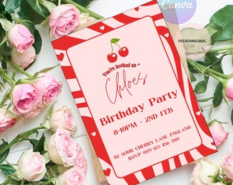 Faire-part d'anniversaire de filles, invitation de fête rouge cerise, invitation de fête girly, invitation numérique de nuit de filles, modèle en téléchargement numérique