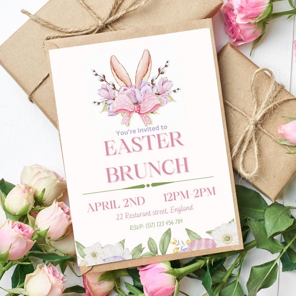 Floral Easter Brunch Invitation, Easter Brunch Invite, Easter Invitation, Easter Egg Hunt Invitation, Editable template, Instant Download