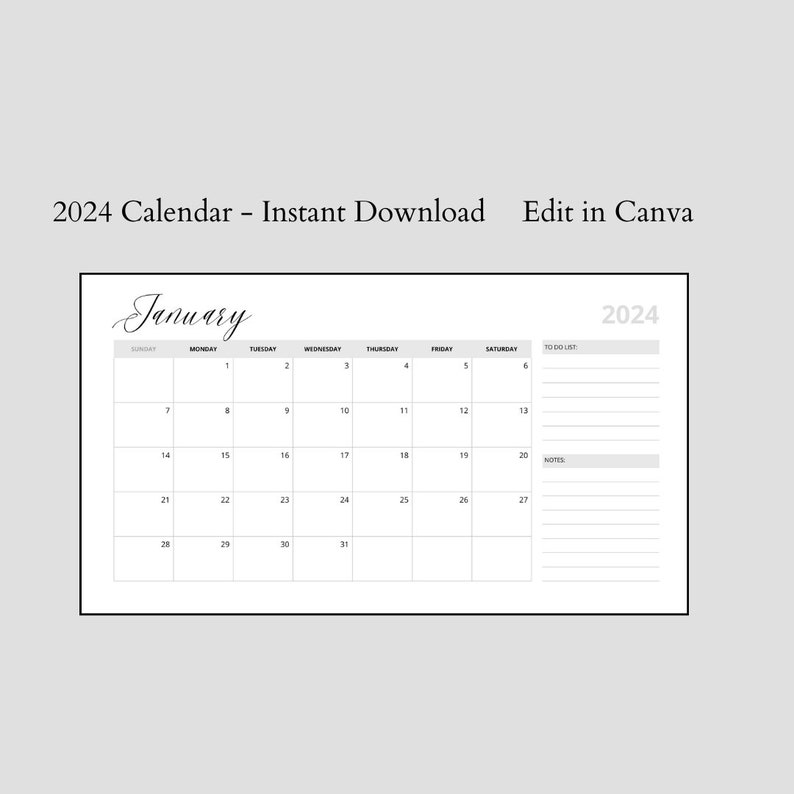 White Basic Printable Calendar 2024 Monthly Planner 2024 Canva