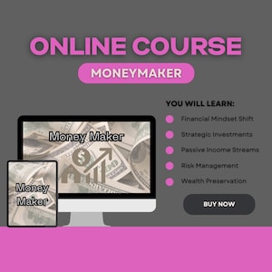 Puede incluir: Un curso en línea titulado "Money Maker" se anuncia con una pantalla de computadora que muestra un gráfico de una casa con una flecha hacia arriba y un signo de dólar, rodeado de billetes de dólar estadounidense. El curso promete enseñar cambio de mentalidad financiera, inversiones estratégicas, flujos de ingresos pasivos, gestión de riesgos y preservación de la riqueza. Un botón dice "Comprar ahora".