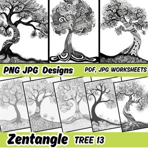 Może przedstawiać: Czarno-biały wzór drzewa Zentangle, z misternymi wzorami i detalami. Wzór jest dostępny jako drukowana karta pracy w formacie PDF i JPG, a także jako projekt PNG i JPG.