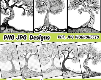 Könnte beinhalten: Schwarzweißes Zentangle-Baumdesign mit komplizierten Mustern und Details. Das Design ist als druckbare PDF- und JPG-Arbeitsblatt sowie als PNG- und JPG-Design erhältlich.