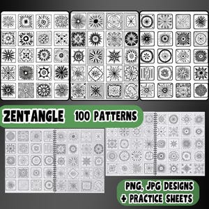 Puede incluir: Un conjunto de 100 patrones de Zentangle, con diseños geométricos en blanco y negro. Los patrones están dispuestos en una cuadrícula sobre un fondo blanco. El texto "ZENTANGLE 100 PATTERNS" se muestra en la parte superior de la imagen. El texto "PNG, JPG DESIGNS + PRACTICE SHEETS" se muestra en la parte inferior de la imagen.