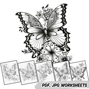Eleganter schwarzer Schmetterling - druckbare Doodle & Zentangle Art Turing Sheets, künstlerische Clipart, Malseiten, Zen-Art-Bundle