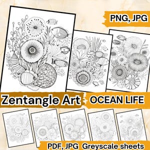 Modèles d'art Zentangle de vie marine, ornements Zentangle de plantes aquatiques, monde sous-marin, vie océanique PNG, livre de coloriage poissons et animaux marins
