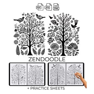 Może przedstawiać: Czarno-biała grafika Zendoodle przedstawiająca dwa stylizowane projekty drzew z ptakami i elementami kwiatowymi. Poniżej dwa notatniki ze wzorami drzew i tekstem "+ PRACTICE SHEETS". Ikony typów plików PDF, JPG i PNG w prawym górnym rogu.