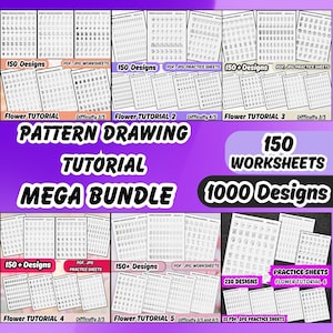 Könnte beinhalten: Ein digitaler Download von 150 Musterzeichnungs-Arbeitsblättern mit 1000 Designs. Die Arbeitsblätter sind in sechs Tutorials unterteilt, jedes mit einem anderen Schwierigkeitsgrad. Die Tutorials sind mit "Blumen-Tutorial 1" bis "Blumen-Tutorial 6" betitelt.