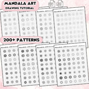 Könnte beinhalten: Ein herunterladbarer PDF- und JPG-Download eines Mandala-Kunst-Zeichen-Tutorials mit über 200 Mustern. Das Tutorial enthält ein Raster zum Zeichnen und verschiedene Mandala-Designs.