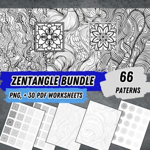 May include: A Zentangle bundle with 66 patterns, including PNG files and 30 PDF worksheets. The image features intricate black and white designs, with floral and abstract patterns. The text "Zentangle Bundle" is displayed in blue.