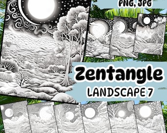 Mystical Moonlit Zentangle Art, Explore Enchanting Nature Scenes with Intricate Patterns and Practice Sheets, PNG, JPG, PDF Worksheets