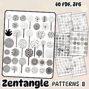 May include: A set of 40 black and white Zentangle patterns, perfect for creating unique designs. The patterns are arranged in a grid and feature a variety of intricate designs, including circles, swirls, and dots. The image also includes the text "Zentangle Patterns 8" and "40 PDF, JPG".