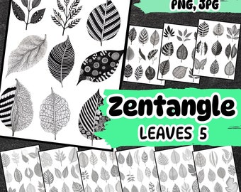 Zentangle Leaves Pattern Bundle, Nature Inspired Designs (PDF, JPG)