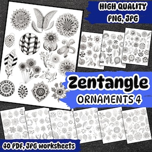 Op de afbeelding: Een set van 40 zwart-witte Zentangle-versieringsontwerpen. De ontwerpen zijn ingewikkeld en gedetailleerd en perfect om in te kleuren of als inspiratie voor je eigen kunst te gebruiken. De ontwerpen zijn gelabeld met "Zentangle Ornaments 4" en "40 PDF, JPG worksheets".