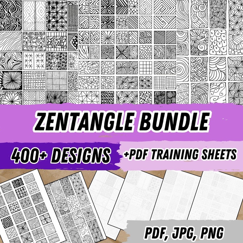 May include: A digital download of over 400 Zentangle designs, plus PDF training sheets. The designs are black and white and feature a variety of patterns. The text "Zentangle Bundle 400+ Designs +PDF Training Sheets PDF, JPG, PNG" is visible in the image.