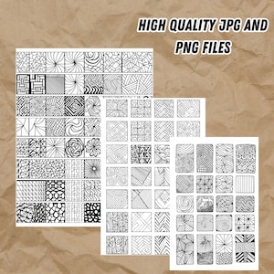 May include: Three sheets of paper with black and white patterns in squares. Each sheet has 25 squares with different patterns. The text "HIGH QUALITY JPG AND PNG FILES" is at the top of the image.