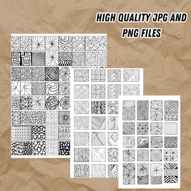 May include: Three sheets of paper with black and white patterns in squares. Each sheet has 25 squares with different patterns. The text "HIGH QUALITY JPG AND PNG FILES" is at the top of the image.