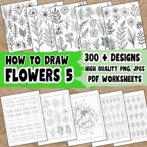 Peut inclure: Un ensemble de feuilles de travail imprimables pour apprendre à dessiner des fleurs. Les feuilles de travail présentent plus de 300 motifs, y compris des contours simples et des illustrations plus complexes. Le titre de l'ensemble est "How to Draw Flowers 5".