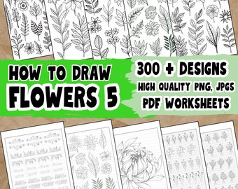 Blumen Zeichnung Tutorial Bundle, Florale Designs, PNG, PDF Arbeitsblätter