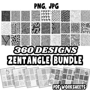 Zentangle Patterns Bundle: 360 Designs with Interactive Tutorials & Printable Worksheets in PDF, PNG and JPG for Creative Art Projects