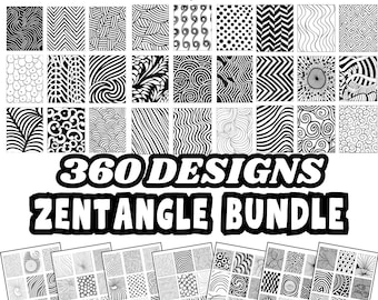 May include: A set of 360 black and white Zentangle designs in a bundle. The designs are in a grid format and include various patterns, such as swirls, dots, lines, and waves. The text "360 DESIGNS ZENTANGLE BUNDLE" is in bold, black letters at the top of the image. The text "PDF WORKSHEETS" is in black letters at the bottom of the image.