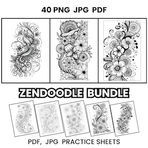 May include: A digital collection of 40 zendoodle coloring pages in PNG, JPG, and PDF formats. The bundle features black and white line art illustrations of intricate floral patterns, swirling vines, and detailed botanical designs for practice.