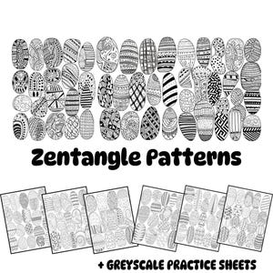 Op de afbeelding: Zwart-witte Zentangle-patronen op ovale vormen. De afbeelding bevat de tekst "Zentangle Patterns" en "GREYSCALE PRACTICE SHEETS".