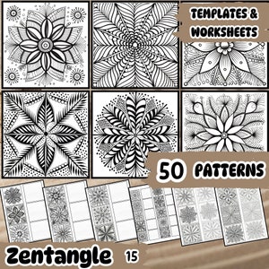 Könnte beinhalten: Schwarz-weiße Zentangle-Muster, 50 Vorlagen und Arbeitsblätter. Das Bild zeigt eine Vielzahl von komplizierten Designs, darunter florale und geometrische Muster. Der Text "Zentangle 15" und "50 Patterns" ist sichtbar.