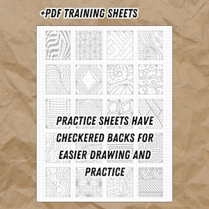 May include: A set of 18 printable PDF training sheets with checkered backs for easier drawing and practice. Each sheet features a different geometric pattern.