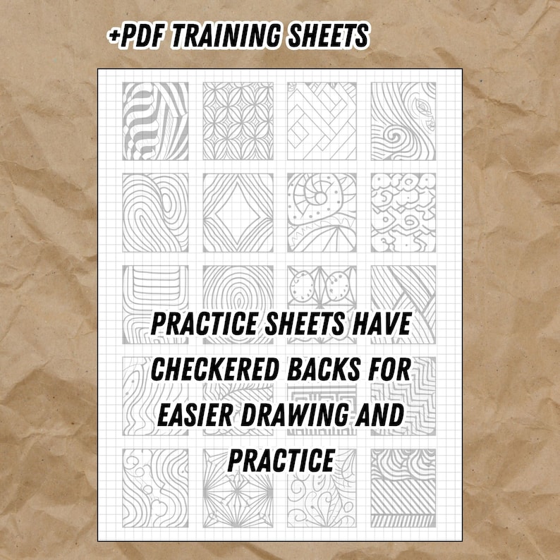 May include: A set of 18 printable PDF training sheets with checkered backs for easier drawing and practice. Each sheet features a different geometric pattern.
