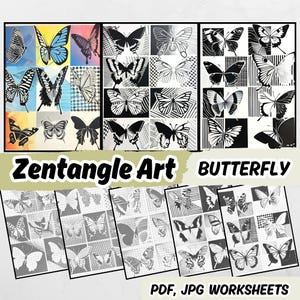Einfach zu bedienende schwarze Schmetterling Gekritzel-Ablaufblätter für eine beruhigende Anti-Stress-Aktivität, Zentangle-Kunst für Anfänger