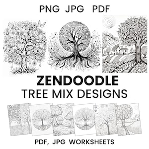 Paquete de cuadernos de trabajo Zendoodle sobre árboles, hojas de práctica para dibujar árboles, PDF imprimible de arte doodle, plantillas de arte de la naturaleza