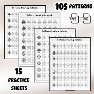 Puede incluir: Un conjunto de 15 hojas de práctica imprimibles que presentan 105 patrones diferentes. Cada hoja incluye el texto "Tutorial de dibujo de patrones". Las hojas están diseñadas para la práctica del dibujo y están disponibles en formatos PDF y JPG.