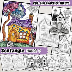 May include: A colorful, whimsical house with a purple roof and yellow walls, surrounded by swirling patterns and a green lawn. The house has a chimney with smoke coming out of it. The image is labeled "Zentangle House 9".