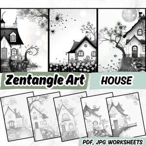 Puede incluir: Diseños de casas de arte Zentangle en blanco y negro. La imagen presenta ilustraciones detalladas de casas, árboles y flores, con una luna llena. El texto "Zentangle Art HOUSE" es visible.