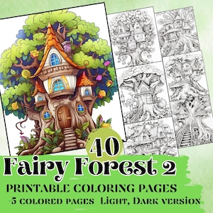 Könnte beinhalten: 40 druckbare Malvorlagen von Feenhäusern in Bäumen. Das Titelbild zeigt eine farbenfrohe Illustration eines Baumhauses mit einer braunen Tür und einem gelben Dach. Der Text "Fairy Forest 2" ist in großen, fetten Buchstaben unter dem Bild geschrieben. Der Text "Druckbare Malvorlagen + 5 farbige Seiten helle, dunkle Version" ist in kleineren Buchstaben unter dem Titel geschrieben.