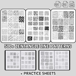 Könnte beinhalten: Ein Set mit über 500 Zentangle-Linienmustern und Übungsbögen. Die Muster sind schwarzweiß und in einem Raster angeordnet. Die Übungsbögen sind ebenfalls schwarzweiß und haben ein Rastermuster.