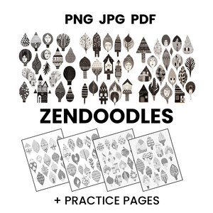Pode incluir: Ilustração em preto e branco de Zendoodles com desenhos de folhas, casas e rostos. O texto "PNG JPG PDF" e "ZENDOODLES" é visível. Páginas de prática com vários padrões também estão incluídas.
